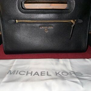 Michael Kors Black Leather Top-Handle Satchel with Gold Accents